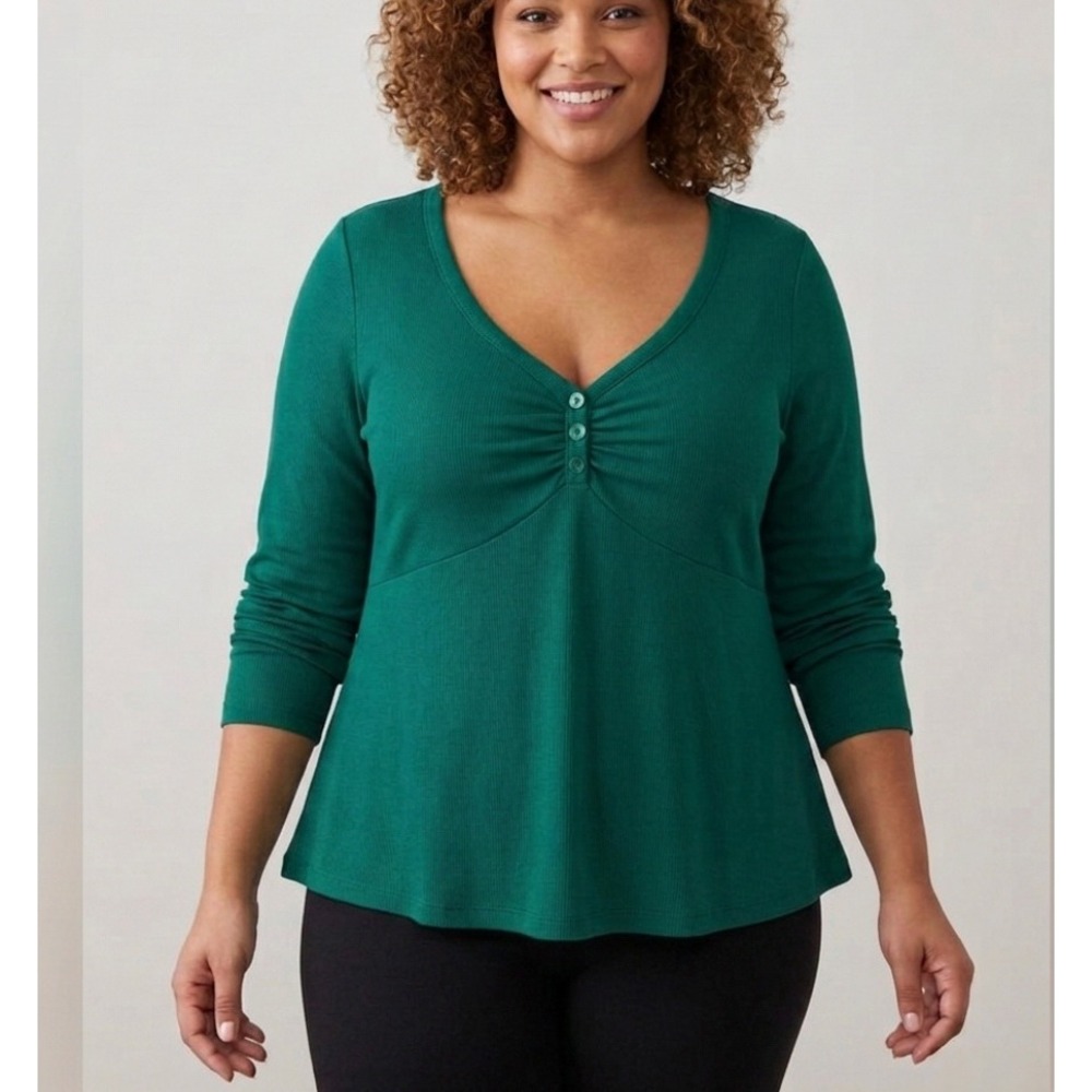 Torrid Green Long Sleeve Waffle Knit Babydoll Top Plus Size XL Henley V Neck